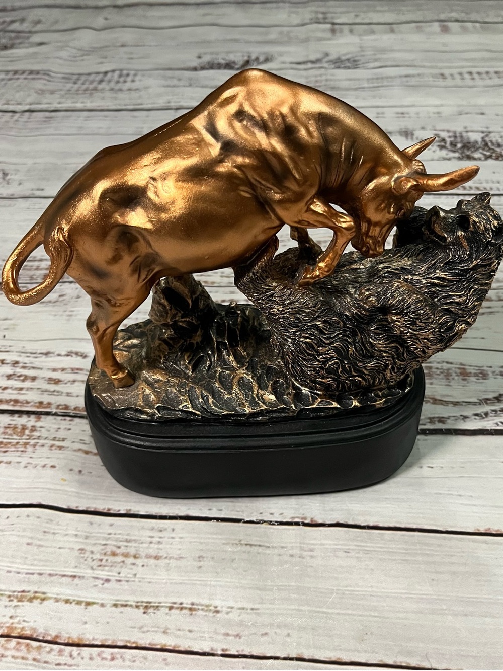 Wall Street Stock Market Charging Bull Trouncing Bear Statue With Pedestal Base